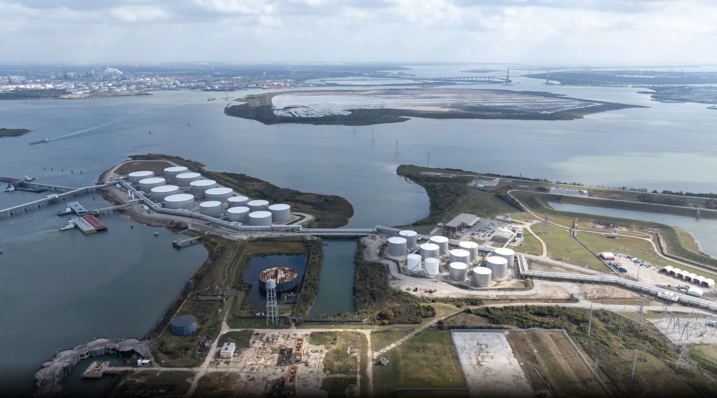 Aerial view of Ameritank liquid tank terminal and barge dock facility La Porte Texas