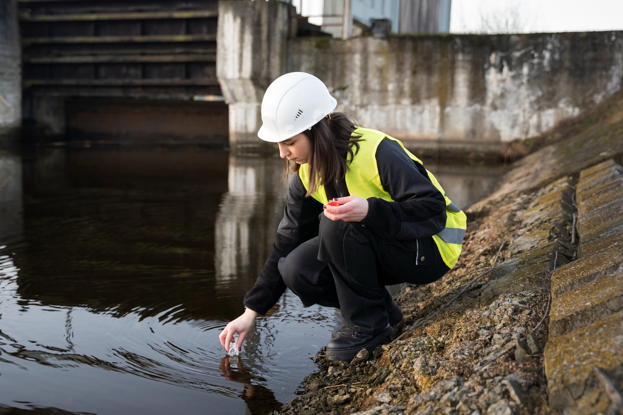 Industrial water quality testing and chemical analysis at wastewater treatment facility