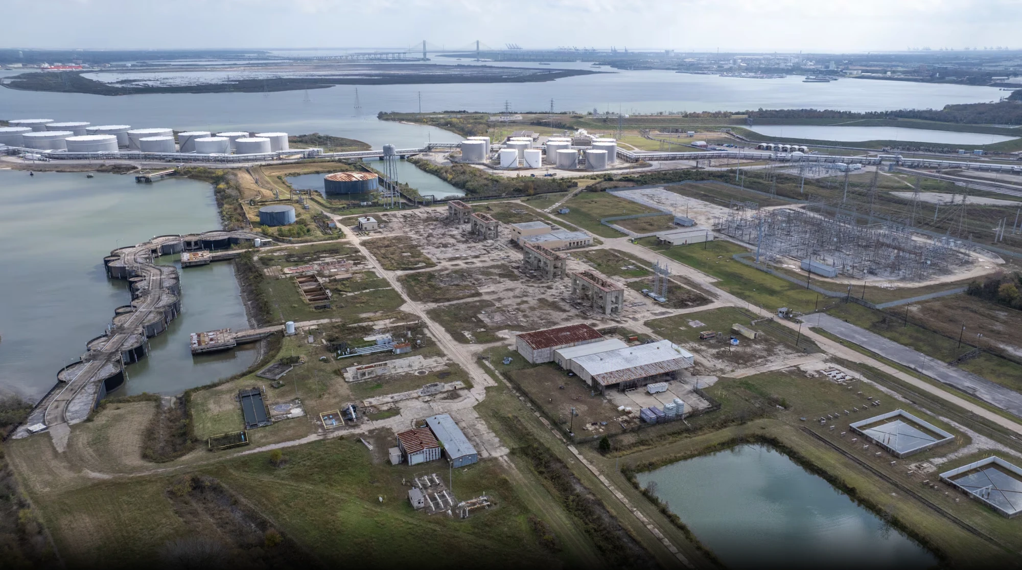 Aerial view of Ameritank terminal showing barge dock and rail infrastructure Houston Ship Channel