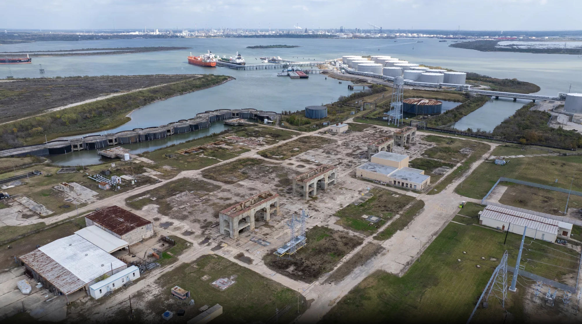 Aerial view of Ameritank 147-acre terminal facility in La Porte Texas on Houston Ship Channel