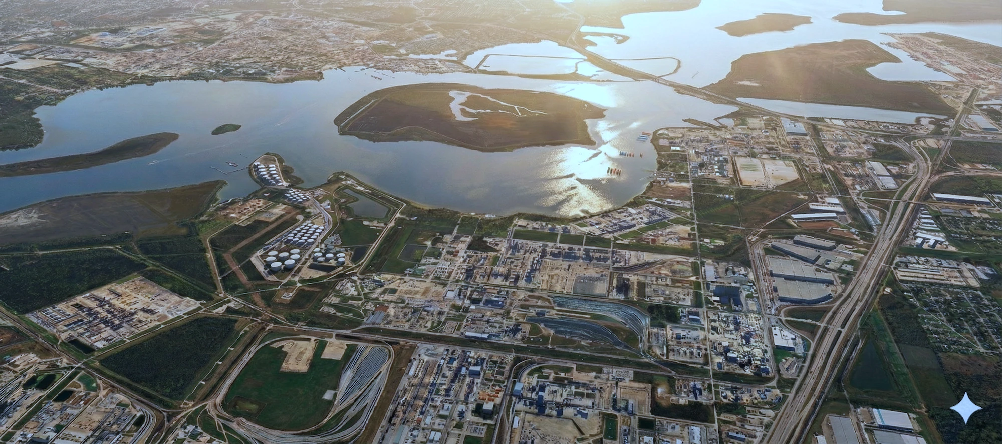 Houston Ship Channel coastline aerial view near Ameritank wastewater treatment facility
