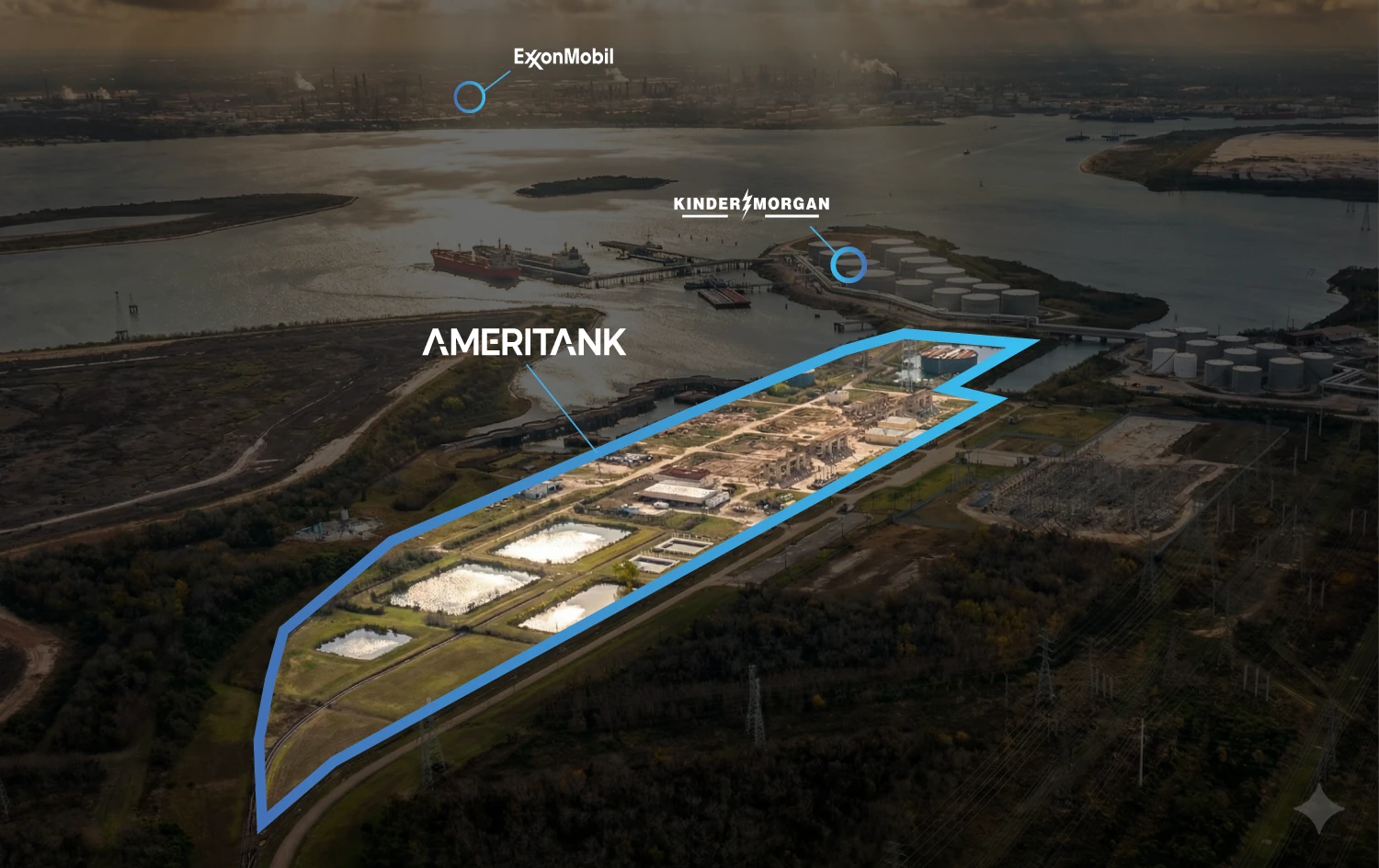 Ameritank marine tank terminal overview map showing storage layout on Houston Ship Channel La Porte Texas