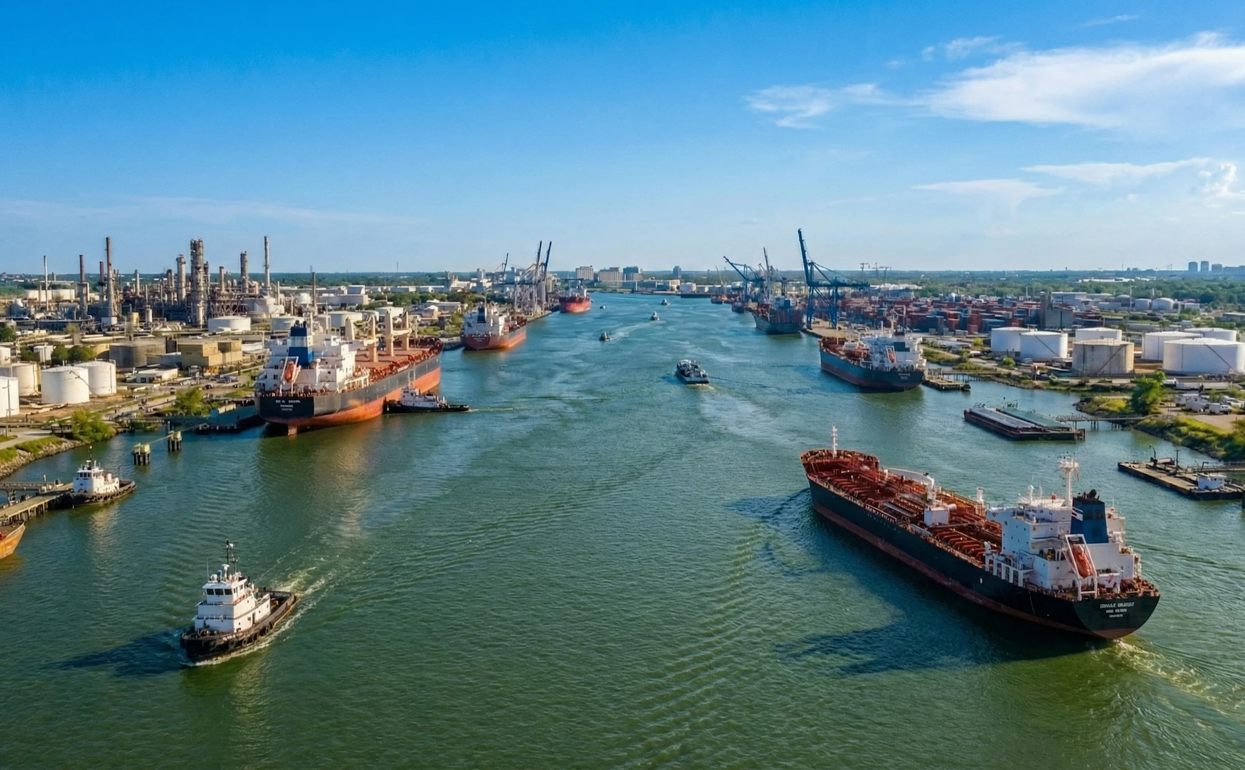 Houston Ship Channel aerial view showing barge traffic and industrial terminal operations