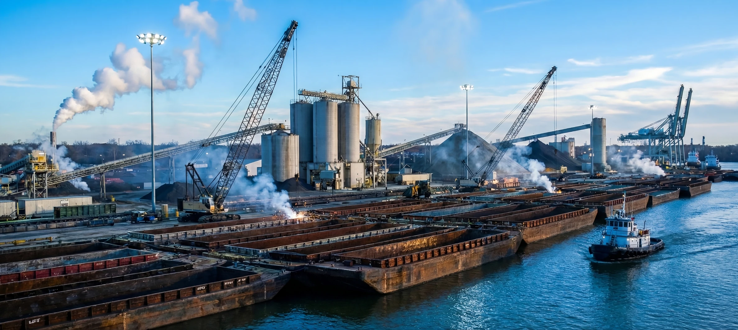 Houston Ship Channel waterway with industrial barges and terminal infrastructure