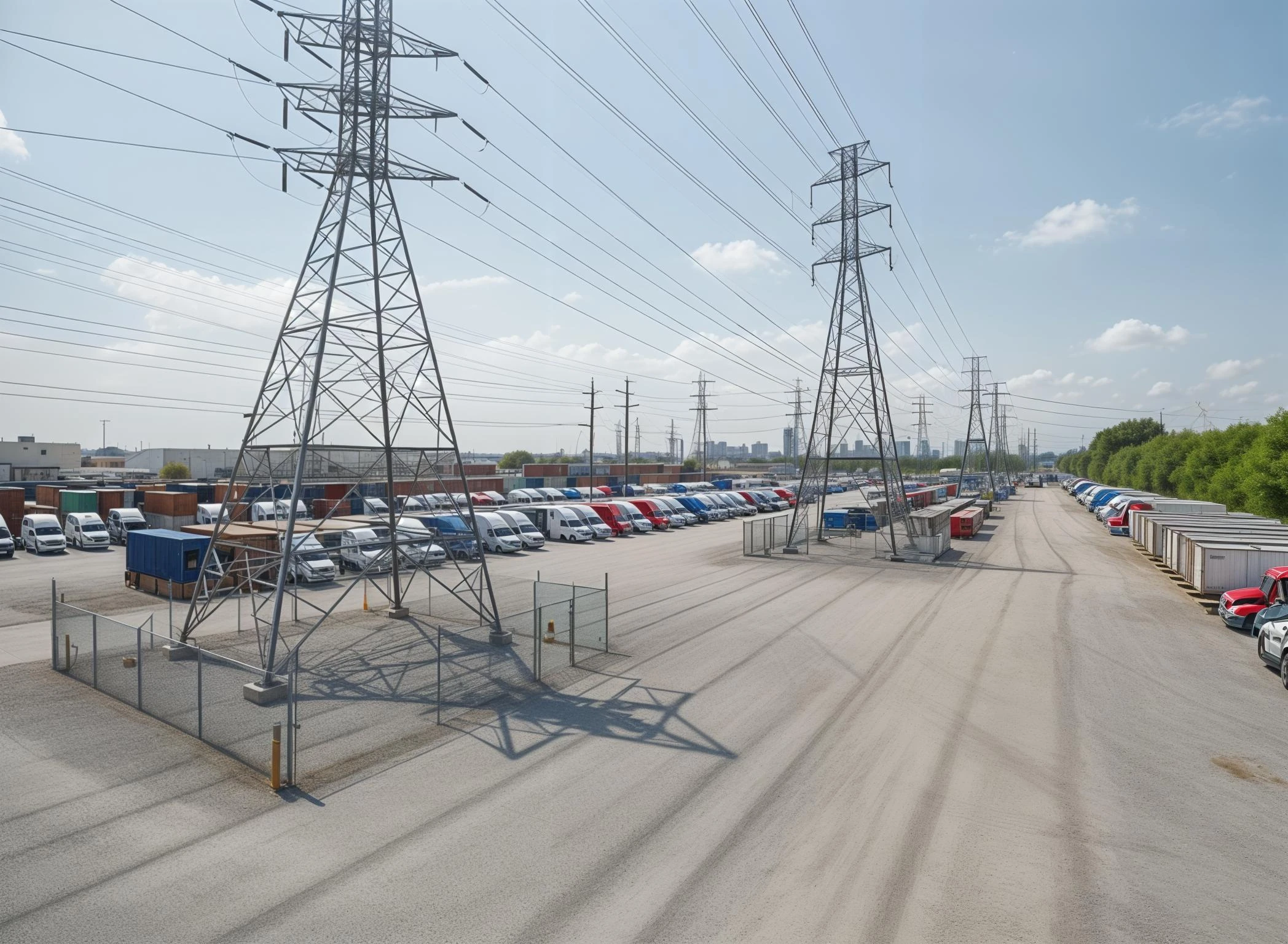 Secured industrial outdoor storage facility with power lines and truck access near Highway 225
