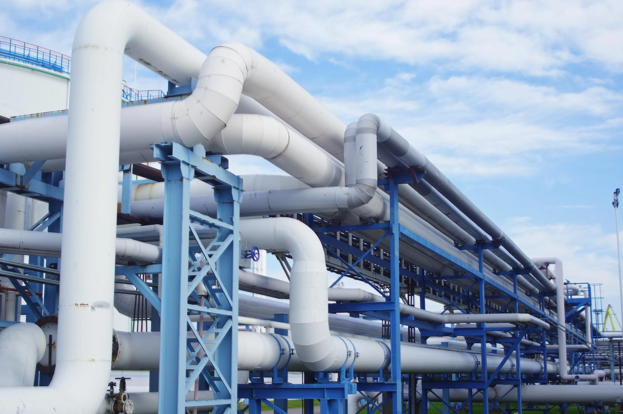 Industrial wastewater treatment pipes at a processing facility on the Houston Ship Channel
